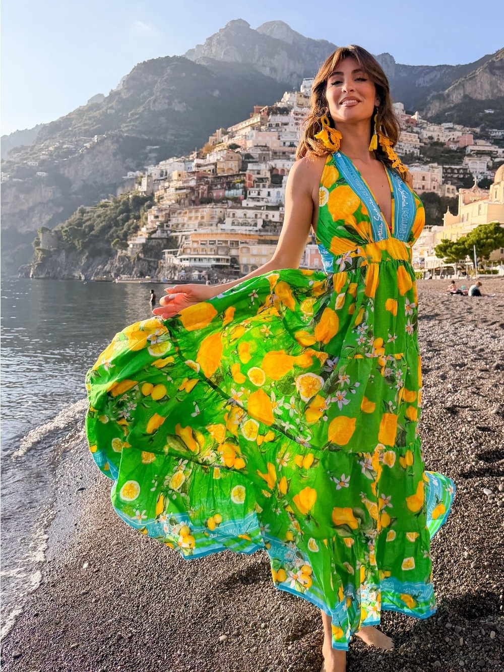 Antica Sartoria 2026 Green Lemon-Print Halter Maxi Dress with Blue Trim